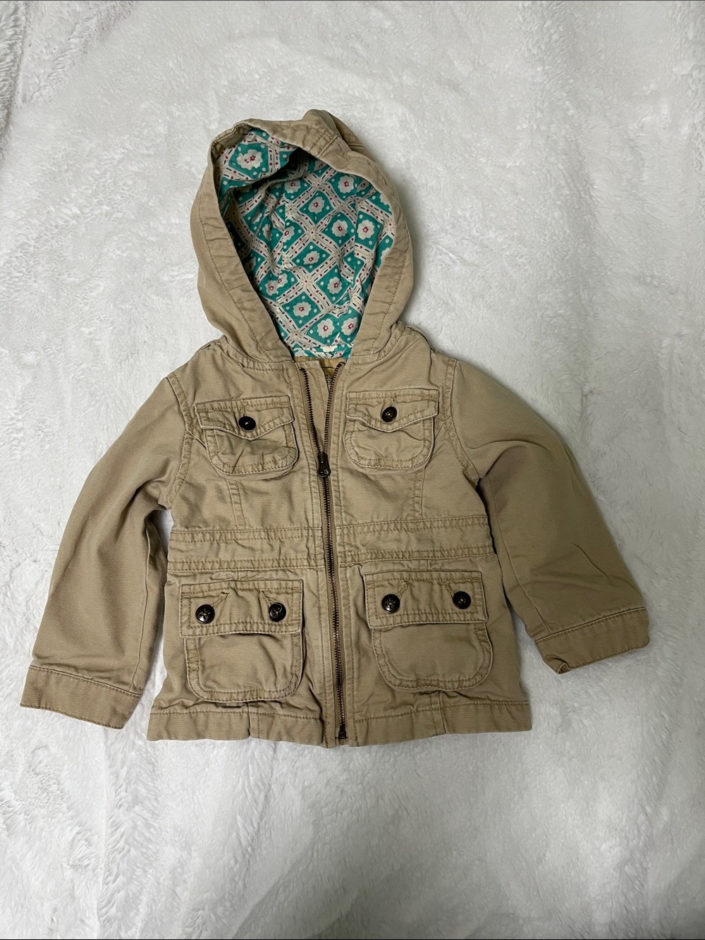 Old Navy Tan Hooded Utility Jacket with Teal Patterned Lining, size 18-24M